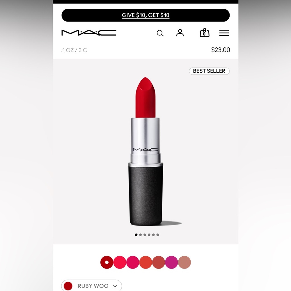 Best Selling Mac Color: Ruby Woo Lipstick in original package